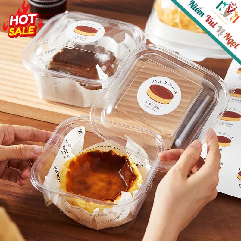 50 Hộp Nhựa Vuông Trong Đựng Bánh Cheese Cake, Phú Sĩ Cadé, Tiramisu (W110 | 800ml)